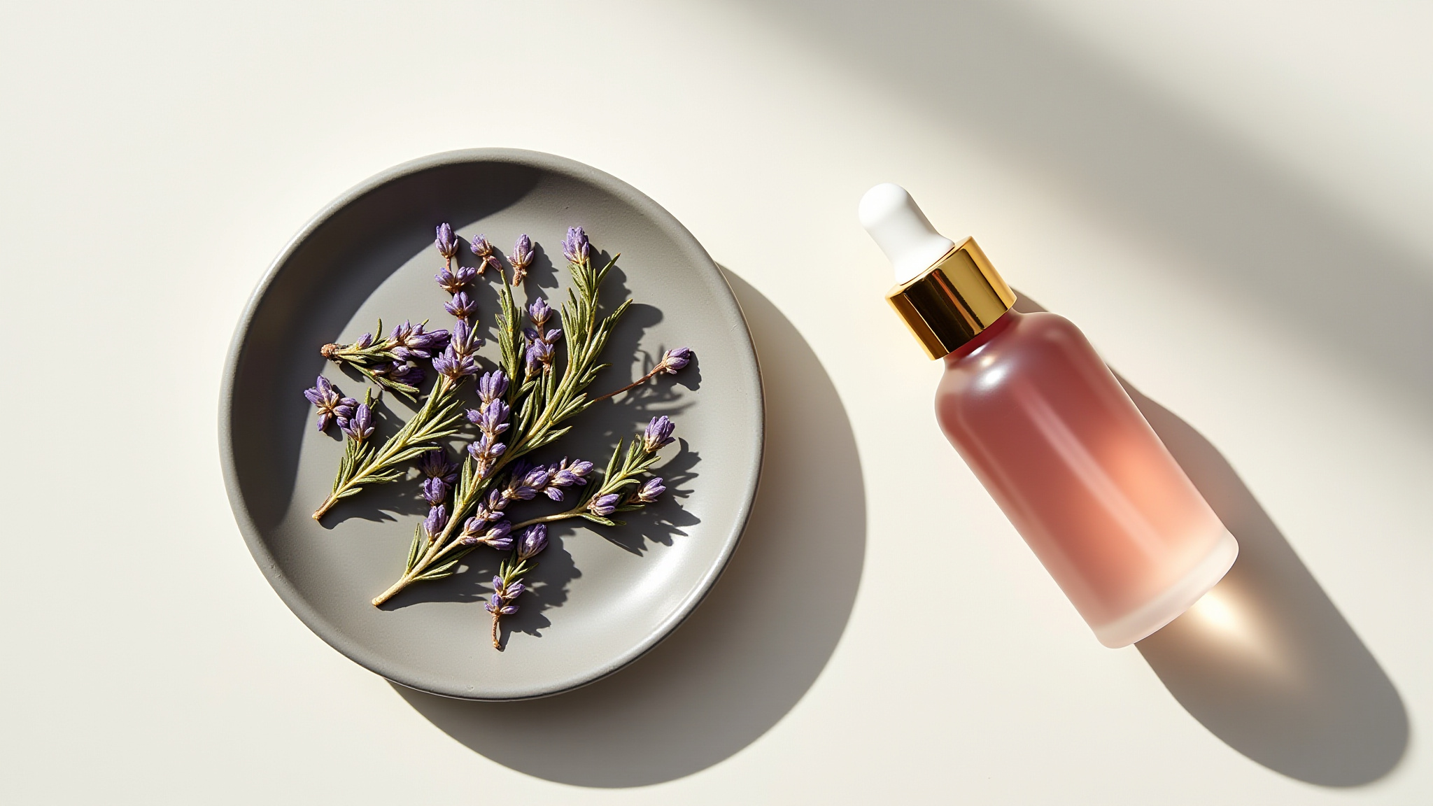 Bottled botanical oils arranged with fresh garden herbs